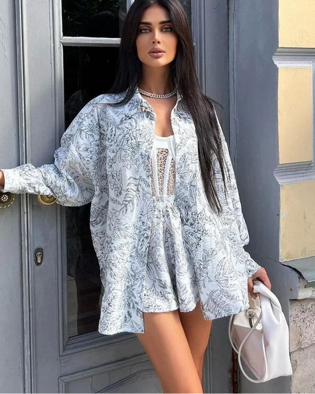 Clacive Women's Elegant 2-Piece Set: Loose Long Sleeve Shirt with High-Waist Shorts