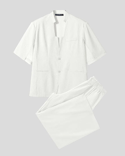 INCERUN Men's Two-Piece V-Neck Short Sleeve Blazer & Pants Set