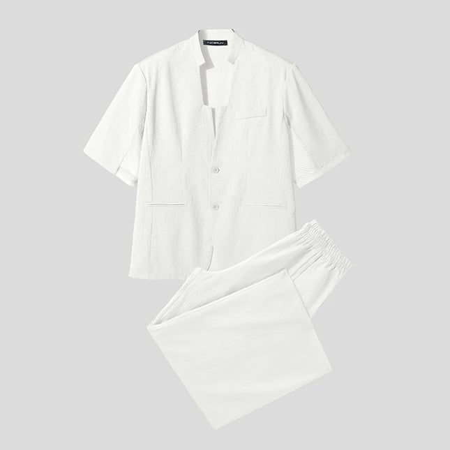 INCERUN Men's Two-Piece V-Neck Short Sleeve Blazer & Pants Set