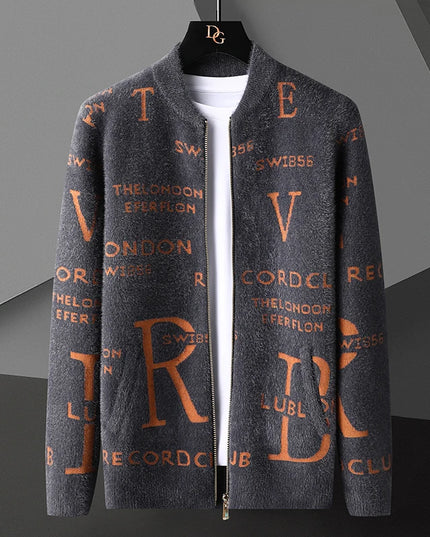 Retro Jacquard Men's Cardigan Jacket with Stand-Up Collar