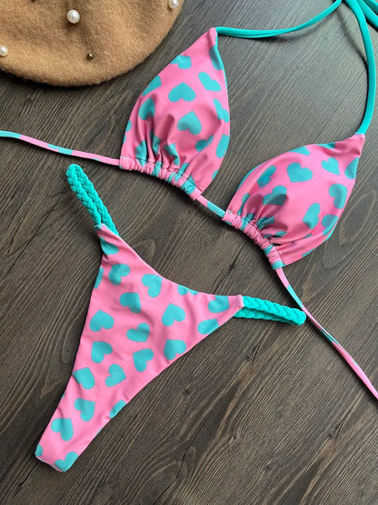 Women's Striped High-Waist Thong Bikini Set