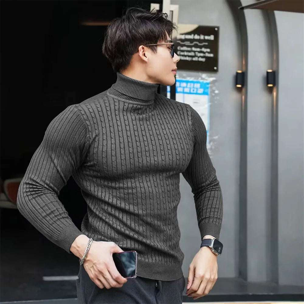 Men's Striped Knit Long Sleeve Turtleneck Sweater