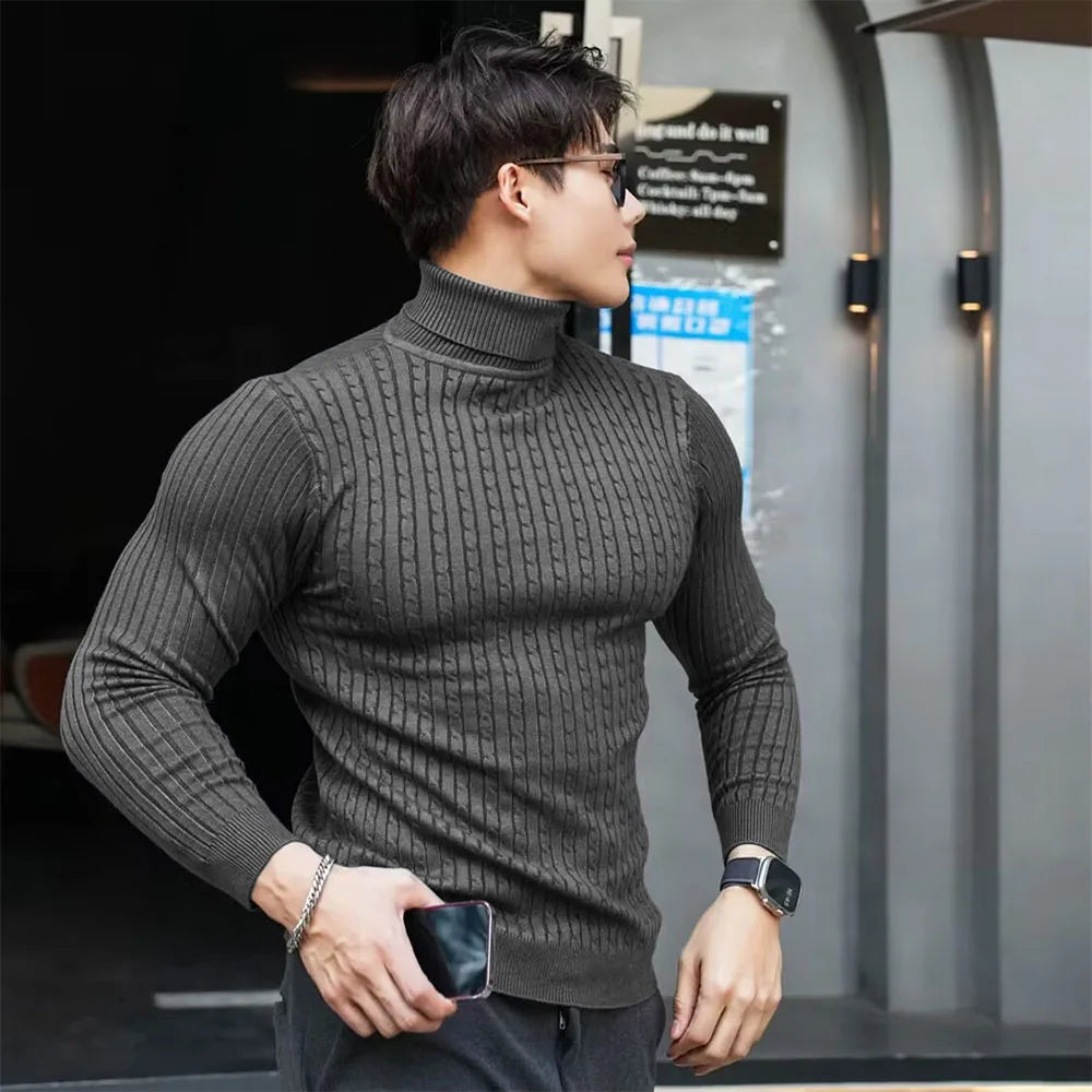 Men's Striped Knit Long Sleeve Turtleneck Sweater