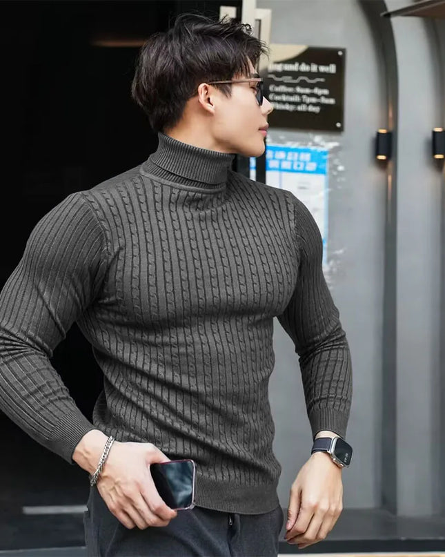 Men's Striped Knit Long Sleeve Turtleneck Sweater