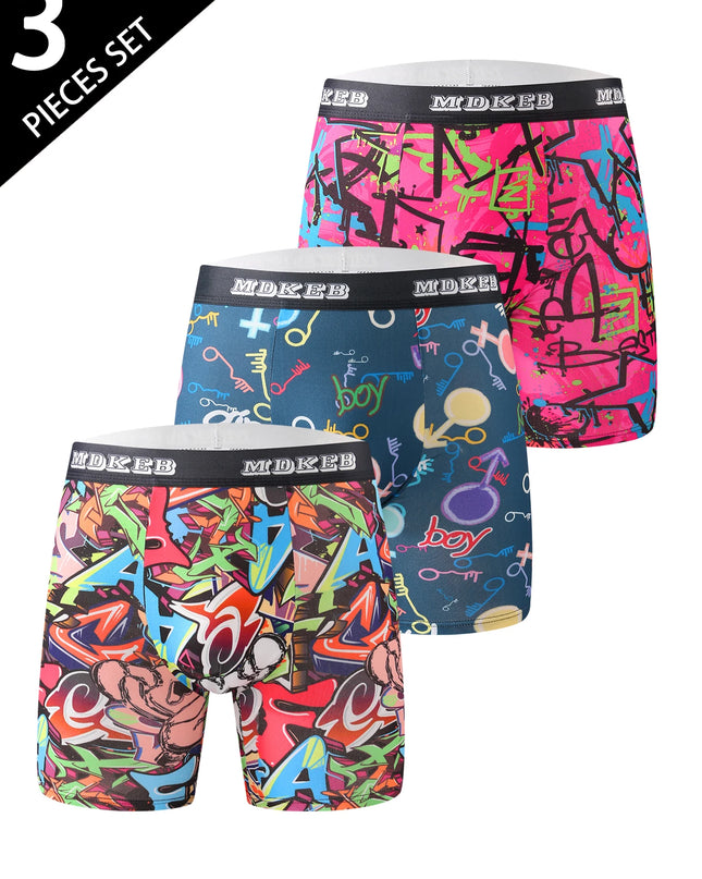 3 Piece Men's Graffiti Pattern Long Boxer Briefs- Breathable and Highly Elastic