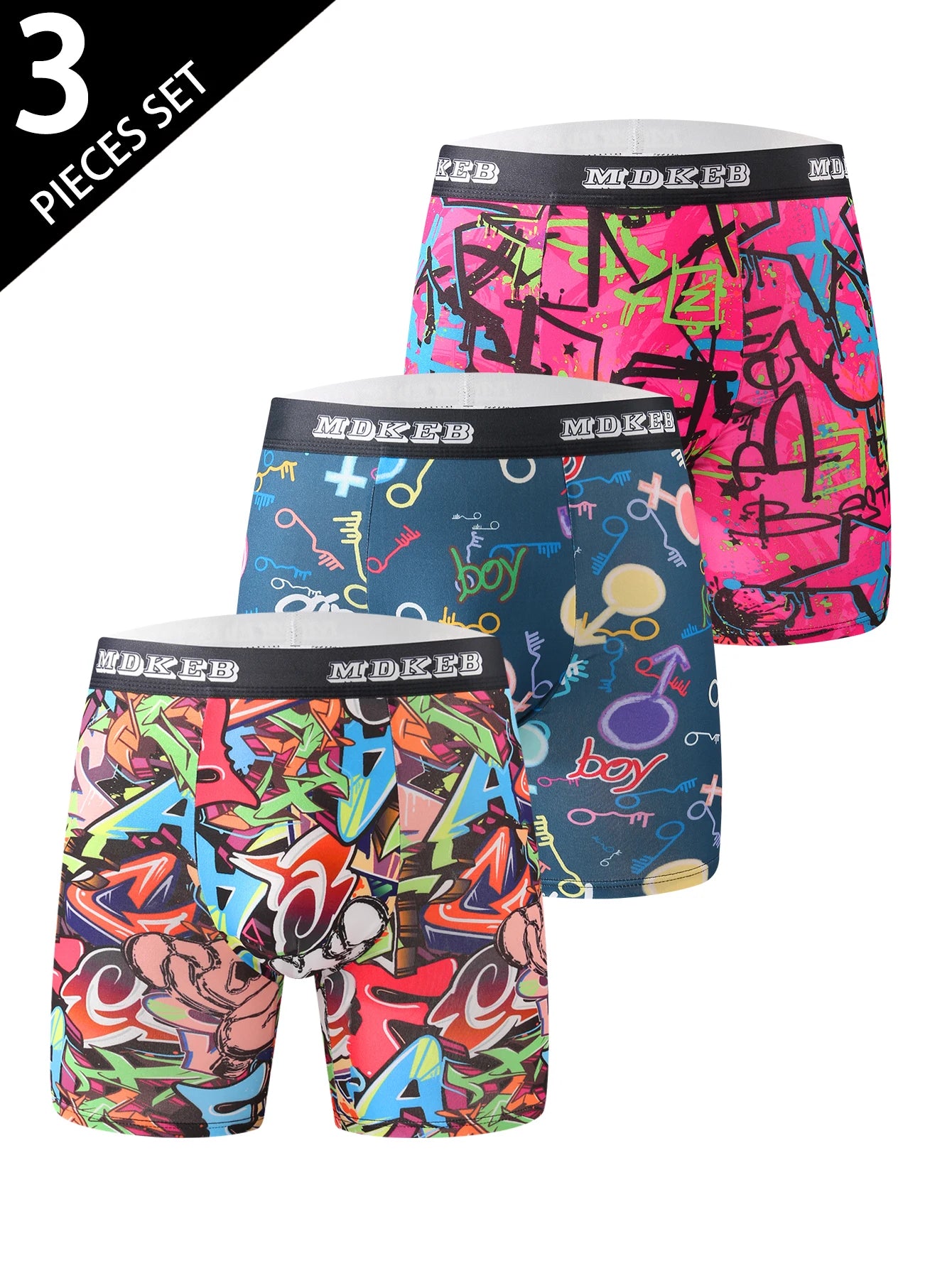3 Piece Men's Graffiti Pattern Long Boxer Briefs- Breathable and Highly Elastic