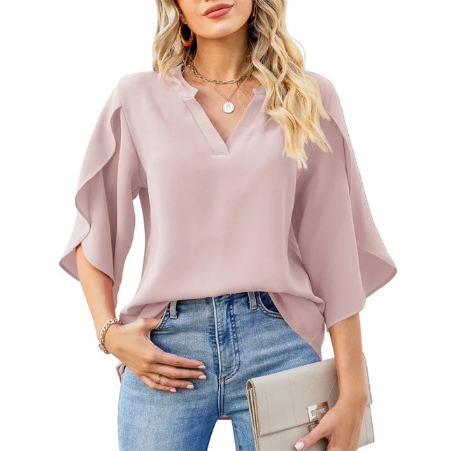 Women's Chiffon Blouse with Flare Sleeves - V-Neck Loose Fit