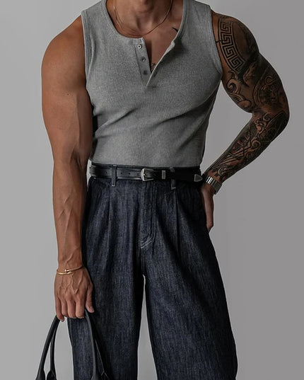 Henley Neck Buttoned Men’s Slim Fit Stretch Ribbed Tank Top
