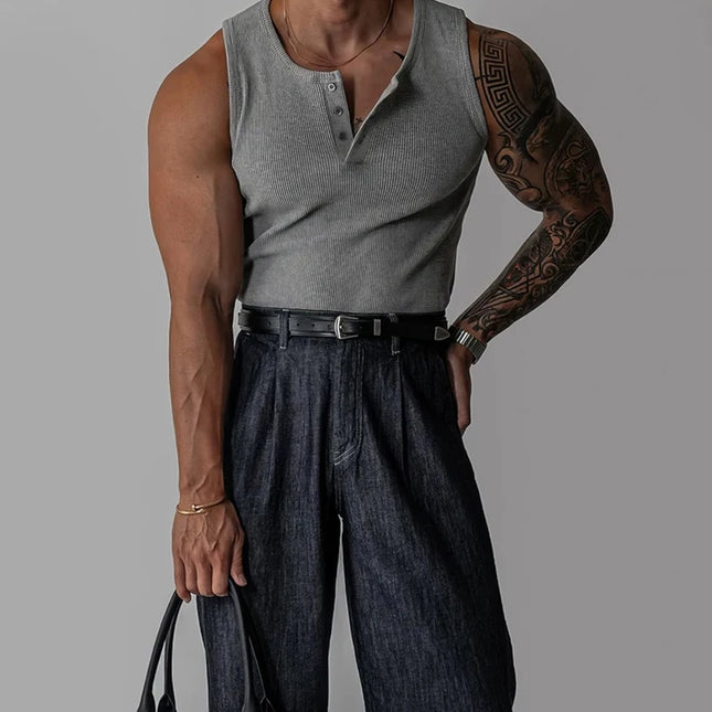 Henley Neck Buttoned Men’s Slim Fit Stretch Ribbed Tank Top