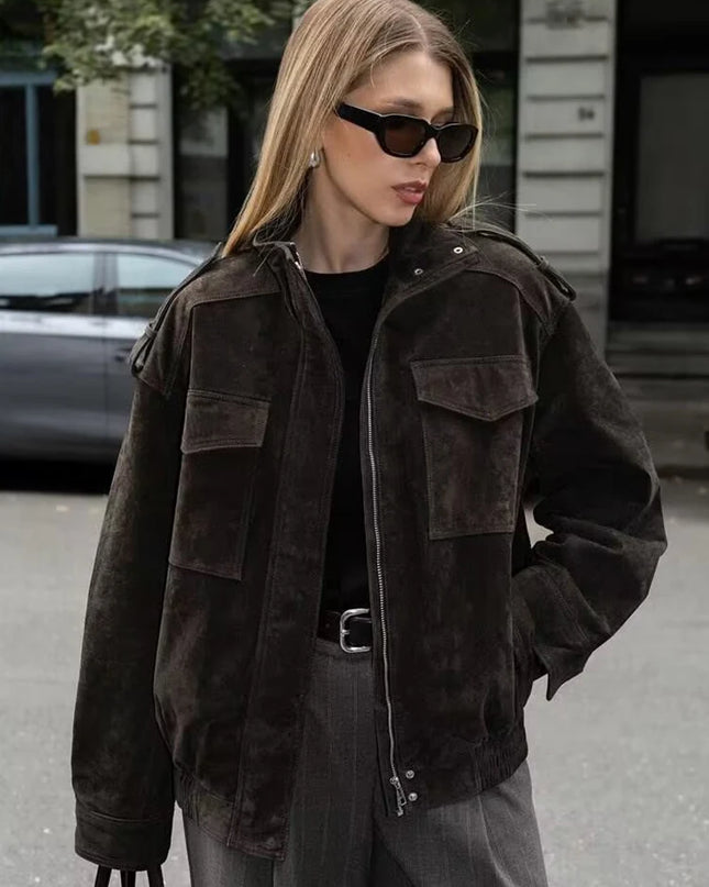 Women's Faux Suede Zipper Jacket - Loose Fit, Chic and Stylish