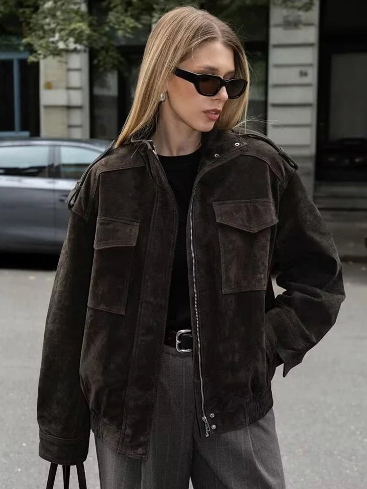 Women's Faux Suede Zipper Jacket - Loose Fit, Chic and Stylish
