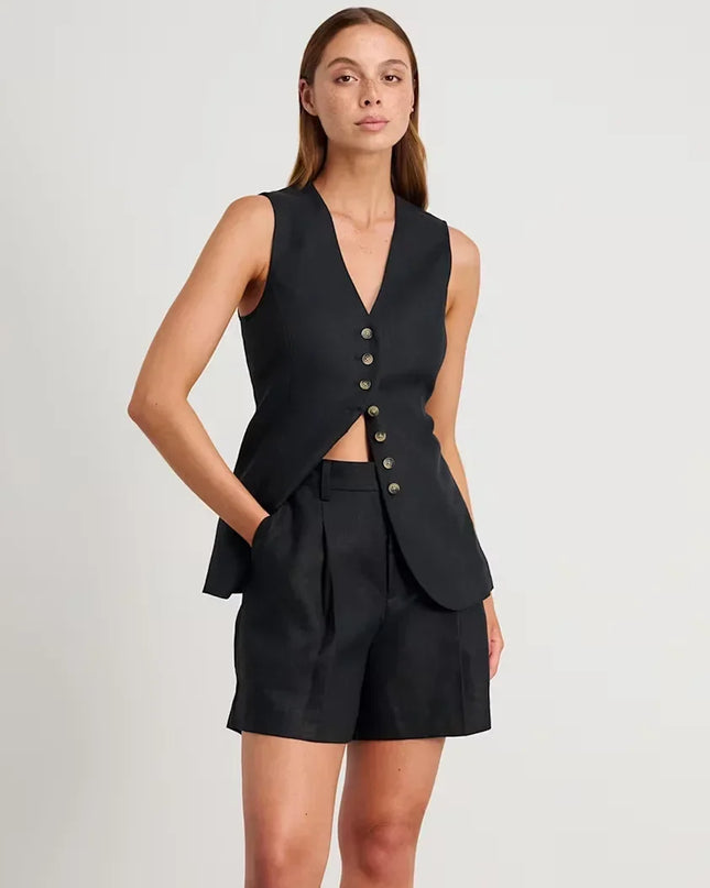 Women's Cotton Linen 2-Piece Vest and Shorts Set