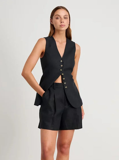 Women's Cotton Linen 2-Piece Vest and Shorts Set