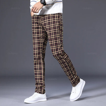 Men's Cotton Stretch Plaid Casual Pants - Slim Fit, Straight Fit, Classic Men's Trousers