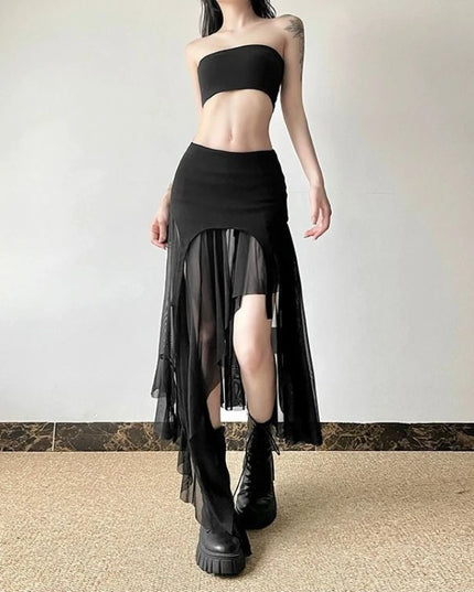 Women’s Slit Skirt with Irregular Hem & Ruffle Design