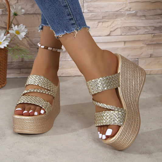 Women's Gold Wedge Sandals - Stylish Heels for Comfort and Elegance