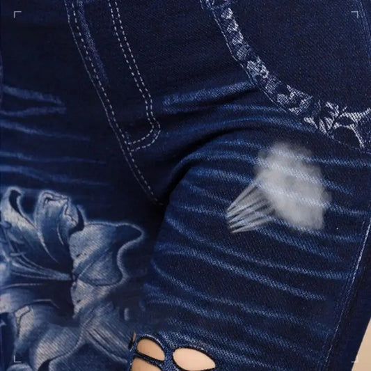 High-Waisted Women's Slim-Fit Faux Denim Pants with Heart and Flower Pattern