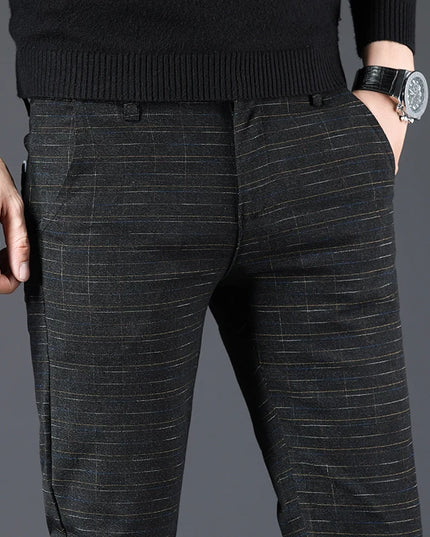 Men's Slim Fit Brushed Cotton-Linen Straight Plaid Trousers