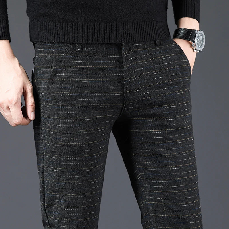 Men's Slim Fit Brushed Cotton-Linen Straight Plaid Trousers