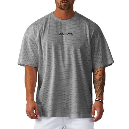 Men's Mesh Breathable "Just Gym" Print Quick-Dry Oversized Loose Fit T-Shirt
