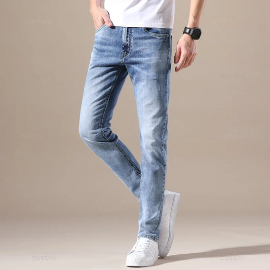 Stylish OUSSYU Men's Denim Jeans – Retro Pleated Skinny Fit Jeans for Men