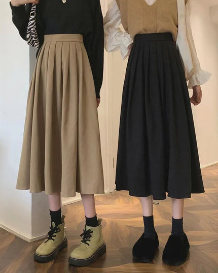 Korean Vintage High-Waisted Pleated Maxi Skirt for Women - Various Colors