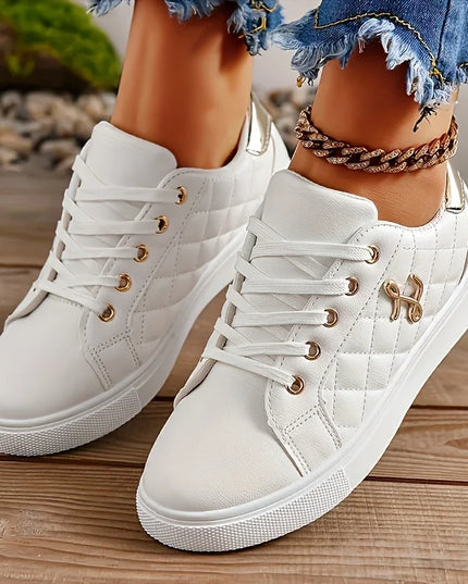 Women's Lightweight Sneakers with Gold Embellishments - Lace-Up Style