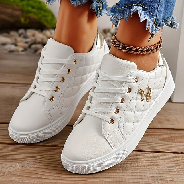 Women's Lightweight Sneakers with Gold Embellishments - Lace-Up Style
