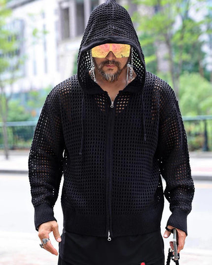 Men's Knitted Hooded Cardigan with Zipper, Hollow Out Design, Oversized Fit