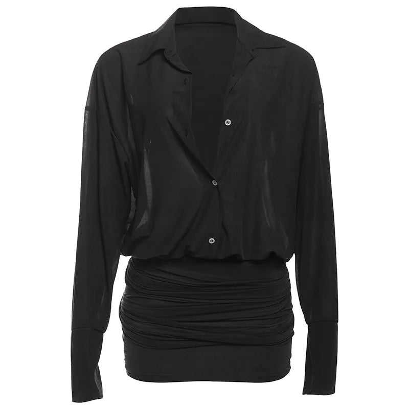 Women's Shirt Dress with Lapel, Slim Fit, Short Length, Pleated Design, and Sheer Fabric