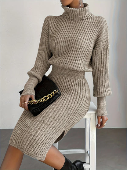 Women's Casual Turtleneck Knitted Pullover Dress – Cozy Knit Sweater Dress for Women