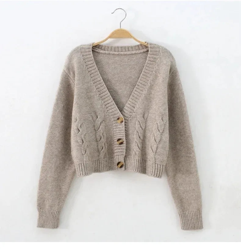 V-Neck Cropped Long Sleeve Knit Cardigan for Women