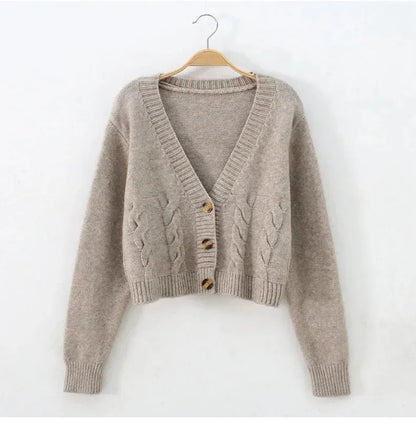 V-Neck Cropped Long Sleeve Knit Cardigan for Women