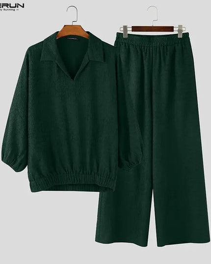 Incerun Men's Two-Piece Oversized Set: Lapel 3/4 Sleeve Shirt and Wide-Leg Pants