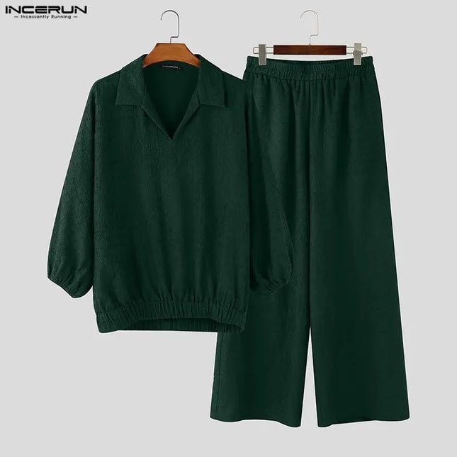 Incerun Men's Two-Piece Oversized Set: Lapel 3/4 Sleeve Shirt and Wide-Leg Pants