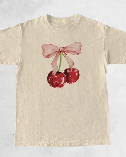 Women's Cherry Print Retro T-Shirt - Loose Half-Sleeve Top