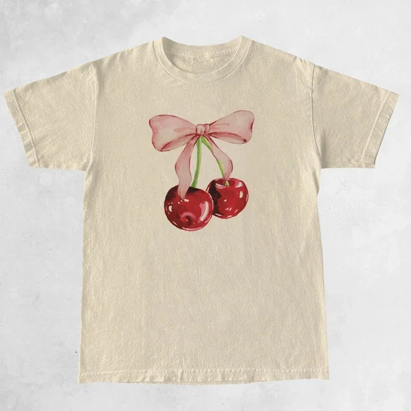 Women's Cherry Print Retro T-Shirt - Loose Half-Sleeve Top