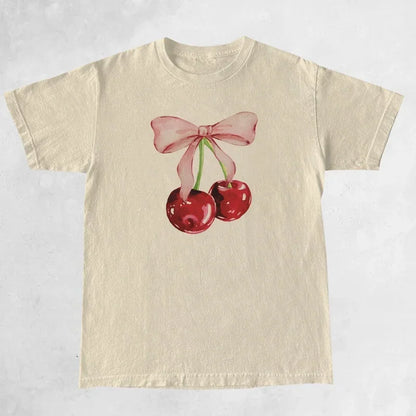 Women's Cherry Print Retro T-Shirt - Loose Half-Sleeve Top