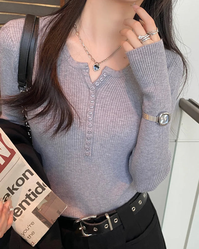 Women's Slim Fit Long Sleeve Knitted Sweater with Elastic Fit