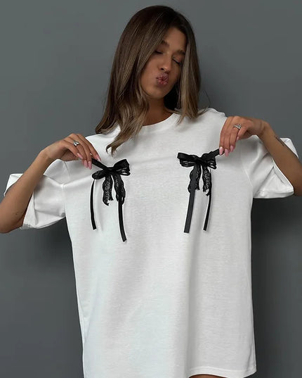 Women's Bow Print Loose T-Shirt - Stylish Casual Top for Women