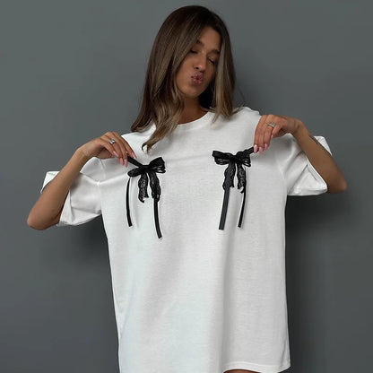 Women's Bow Print Loose T-Shirt - Stylish Casual Top for Women