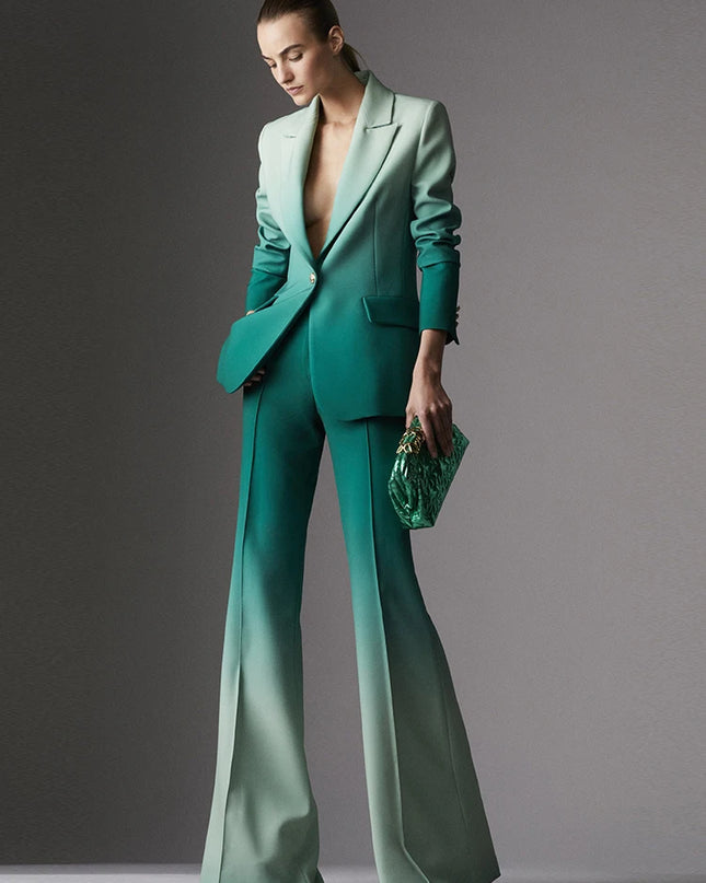 Women's Gradient Color Printed Two-Piece Blazer and Flare Pants Set