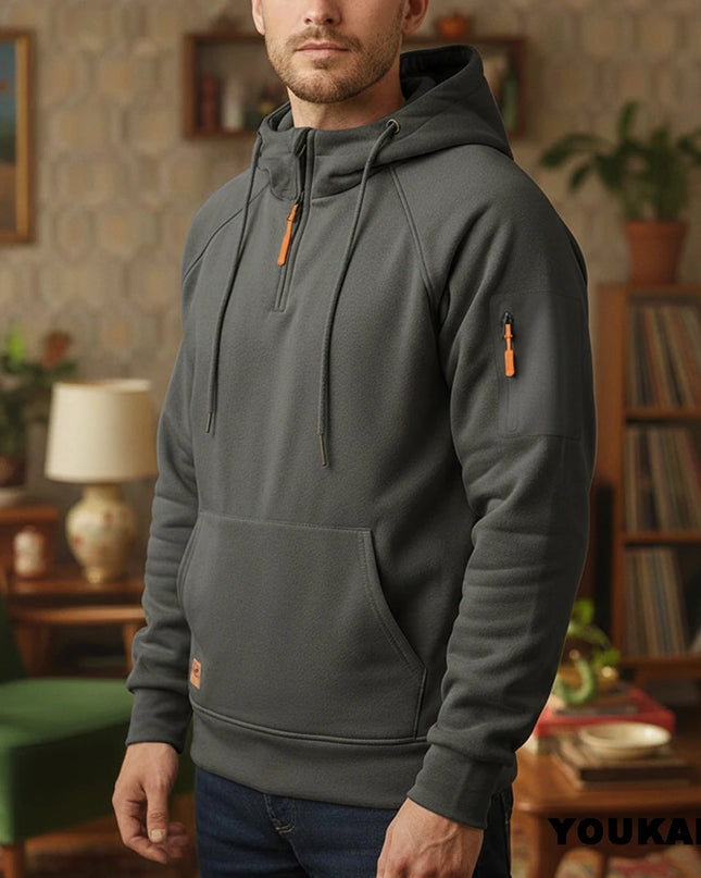 Men's Retro Hooded Sweatshirt with Long Sleeves, Zipper, Multiple Pockets