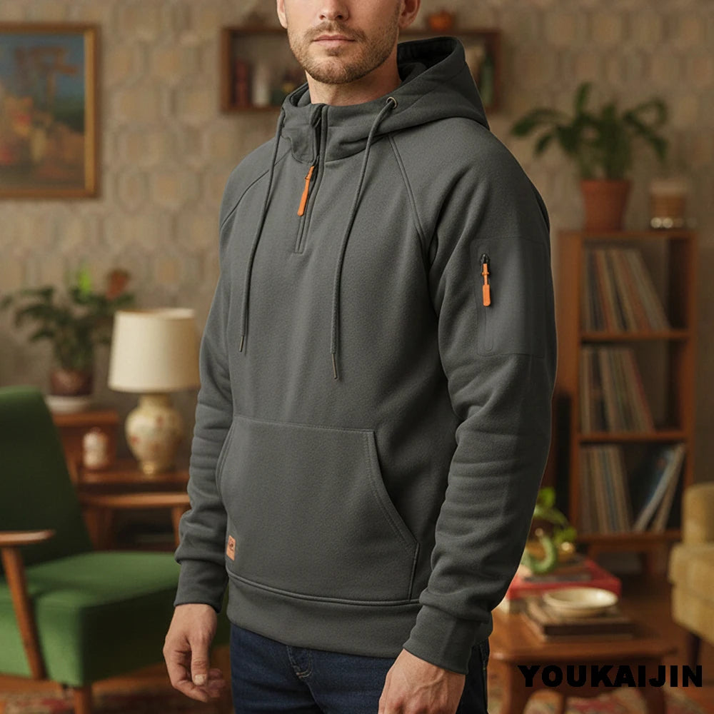 Men's Retro Hooded Sweatshirt with Long Sleeves, Zipper, Multiple Pockets