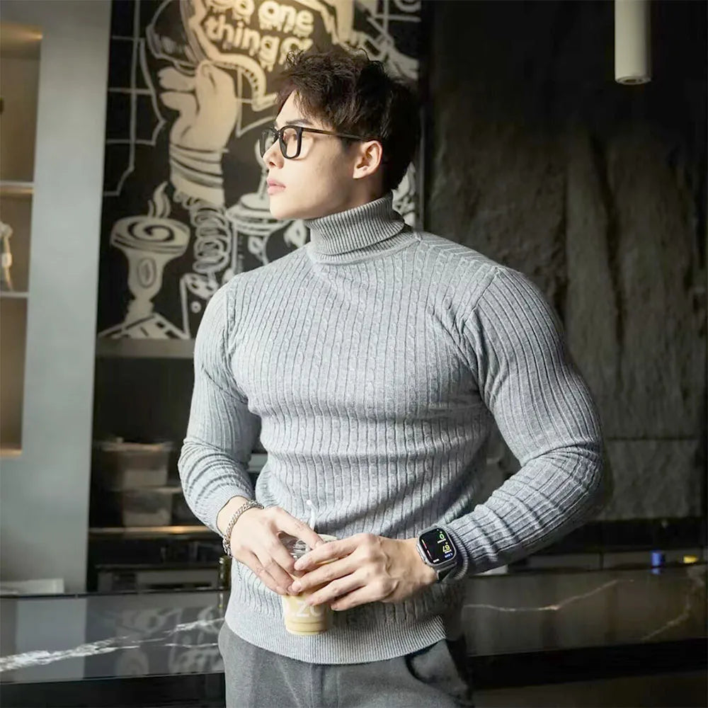 Men's Striped Knit Long Sleeve Turtleneck Sweater