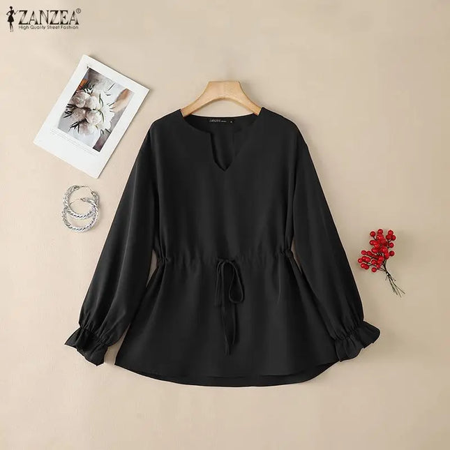 Zanzea Women's Long Sleeve Blouse with U-Neck, Drawstring Waist
