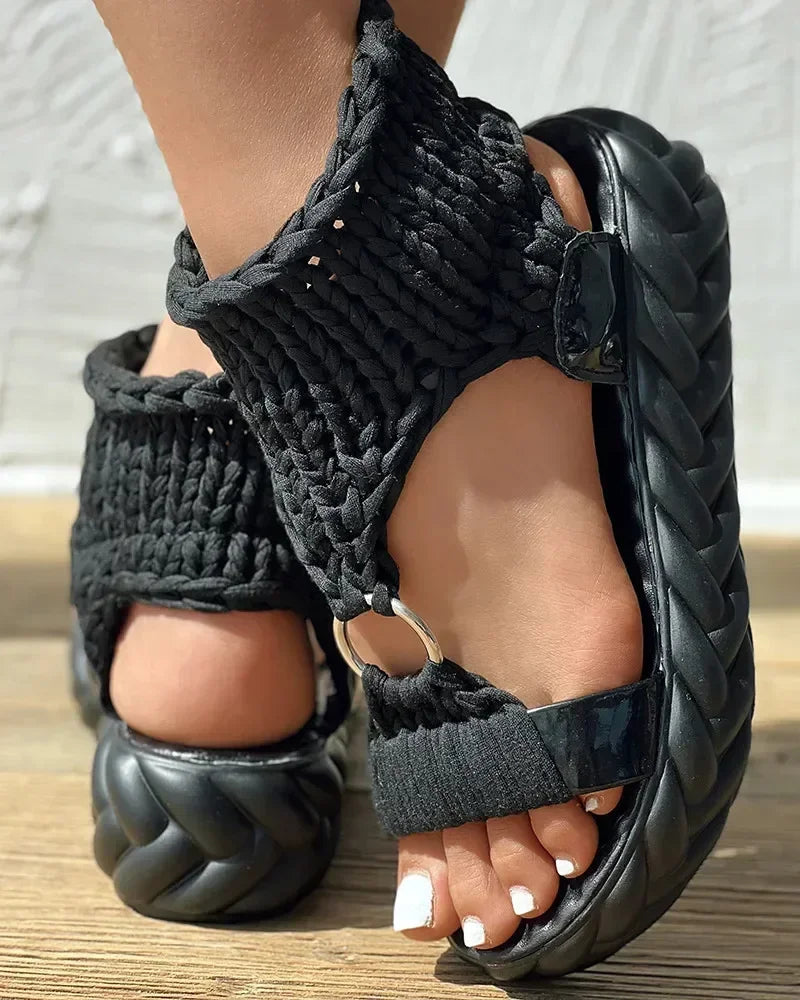 Gold Knitted Women's Sandals - Braided Elastic Mesh Flat Bottom Shoes