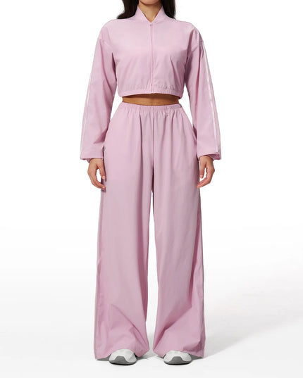 Women’s Two-Piece Set: Zipper Hooded Cropped Jacket and Wide-Leg Pants