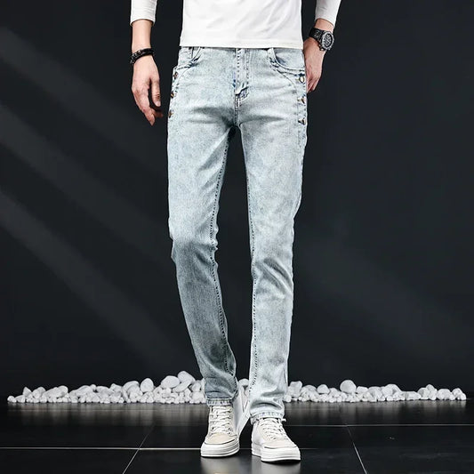 Men's Slim Fit Washed Stretch Denim Jeans with Multi-Button Decoration