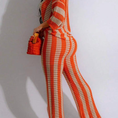 Wishyear Women's Two-Piece Striped Knit V-Neck Hollow Out Button Top & Wide Leg Pants Set